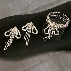 Rhinestone Bow Earrings and Bracelet matching Set